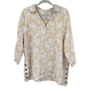 Joie Top Sz 1X Beige Floral Linen 3/4 Sleeve‎ Button Side Coastal Travel Beach